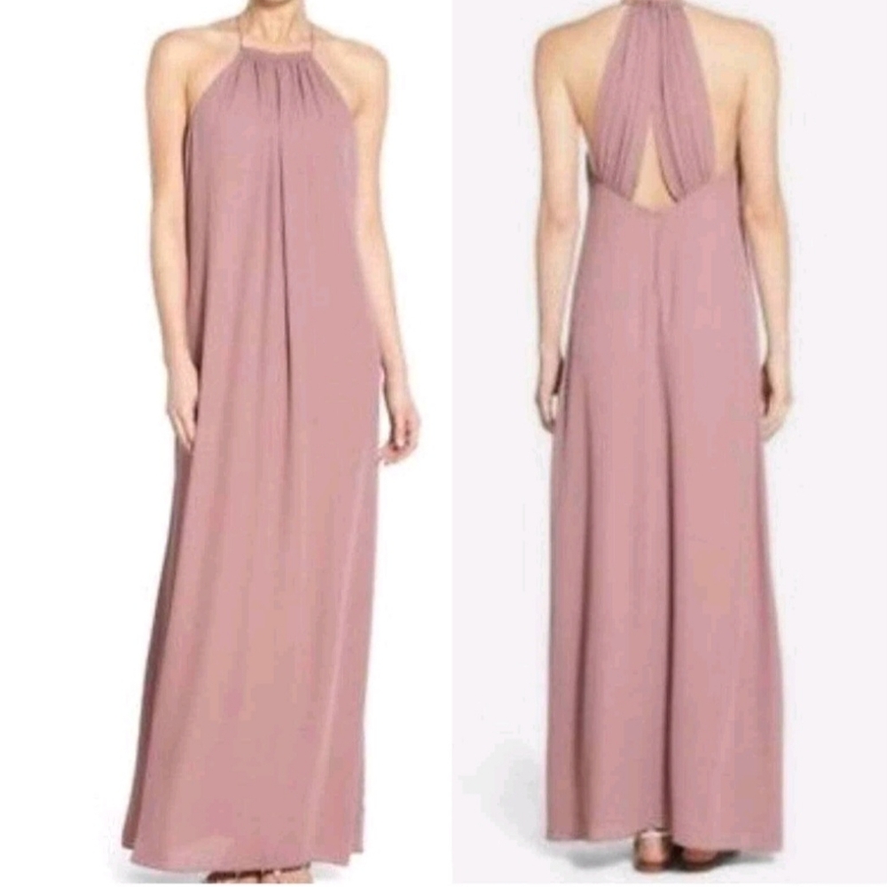 Everly Mauve Chiffon Halter Open Back Zip Maxi Evening Dress